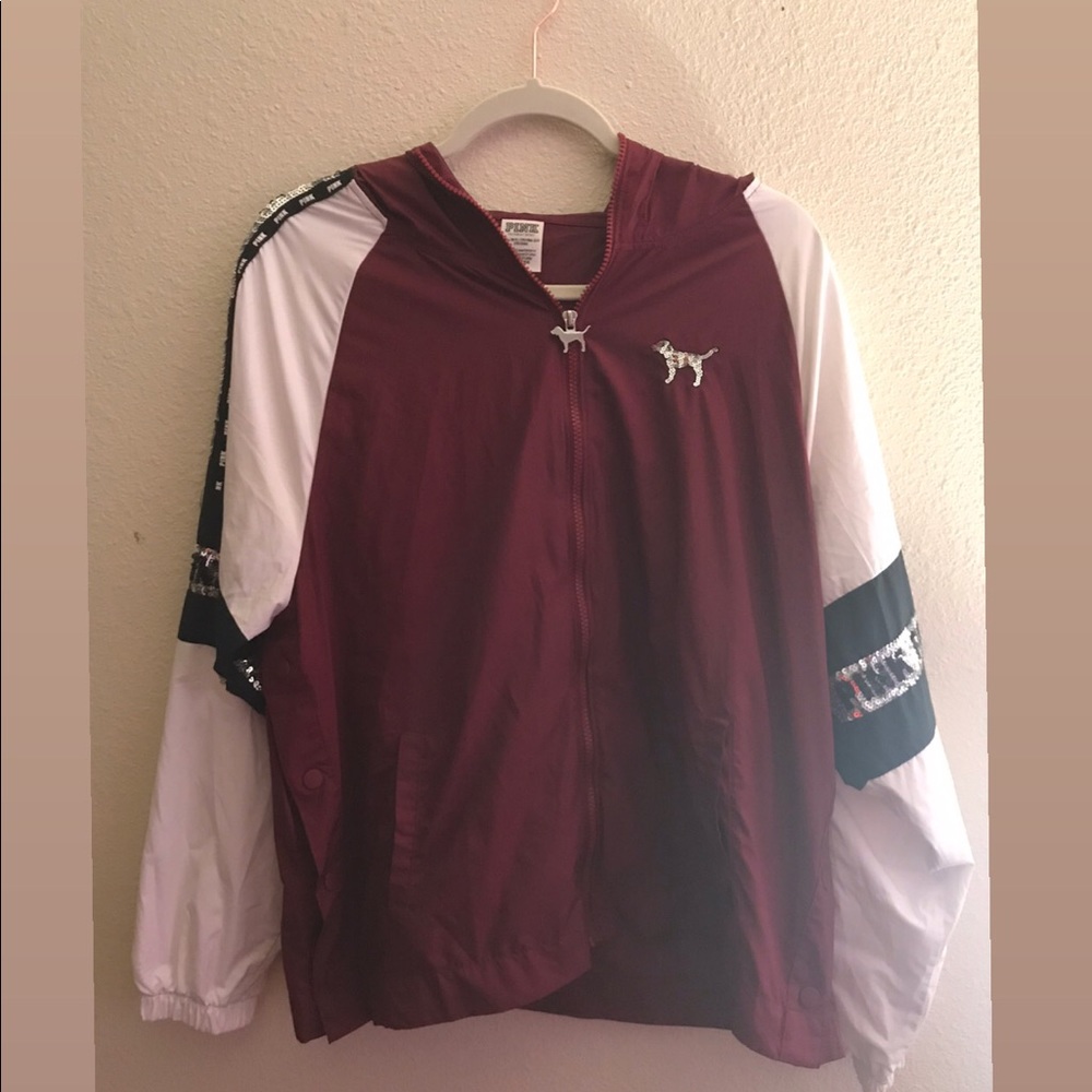 A Maroon PINK Jacket with sequence on the arms